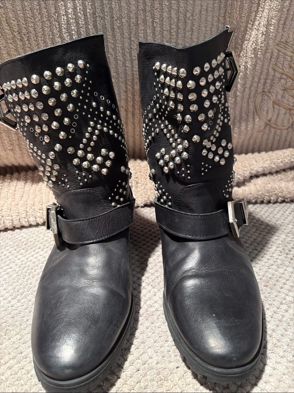 Zara Black Studded Leather Mid-Calf Boots